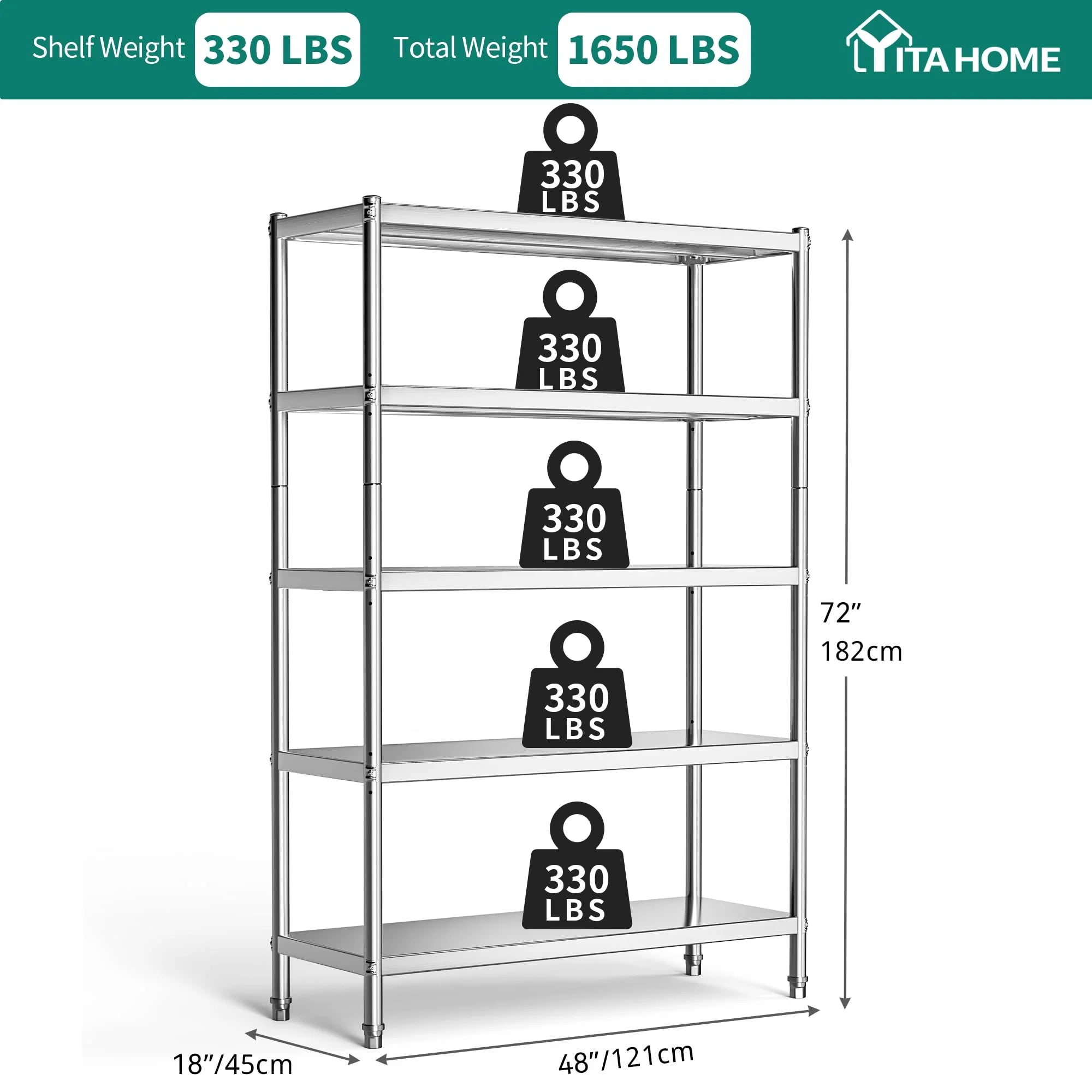 Stainless Steel 5-Tier Storage Shelving Unit, 48" x 18" x 72" P552