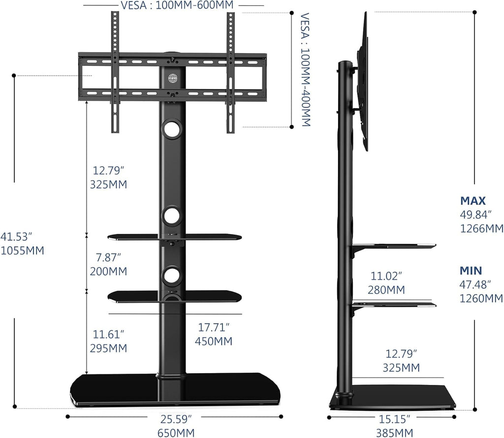 Universal Floor TV Stand Height Adjustable Swivel Mount for 32-70 Inch TVs, Tempered Glass Base, Black C354