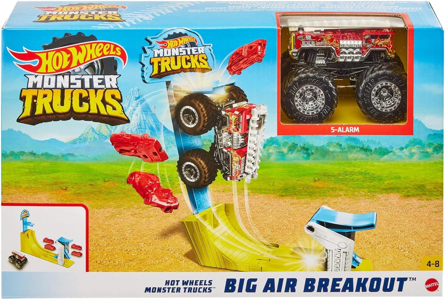 Hot Wheels Monster Trucks Big Air Breakout Play Set with 5 Alarm 1:64 Scale die-cast Metal Body Monster Truck 4 Plastic Crushed Cars 1 Slam Launcher and Ramp for Vertical Crashing for 3-7 Year Olds