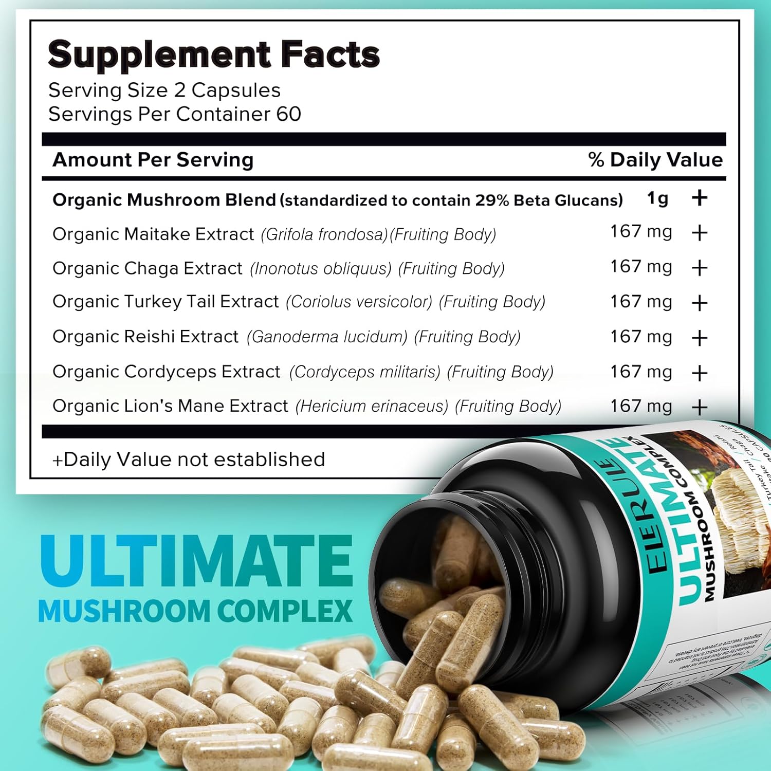 Mushroom Supplement for Focus, Memory & Immune Support, 120 Capsules Y2647