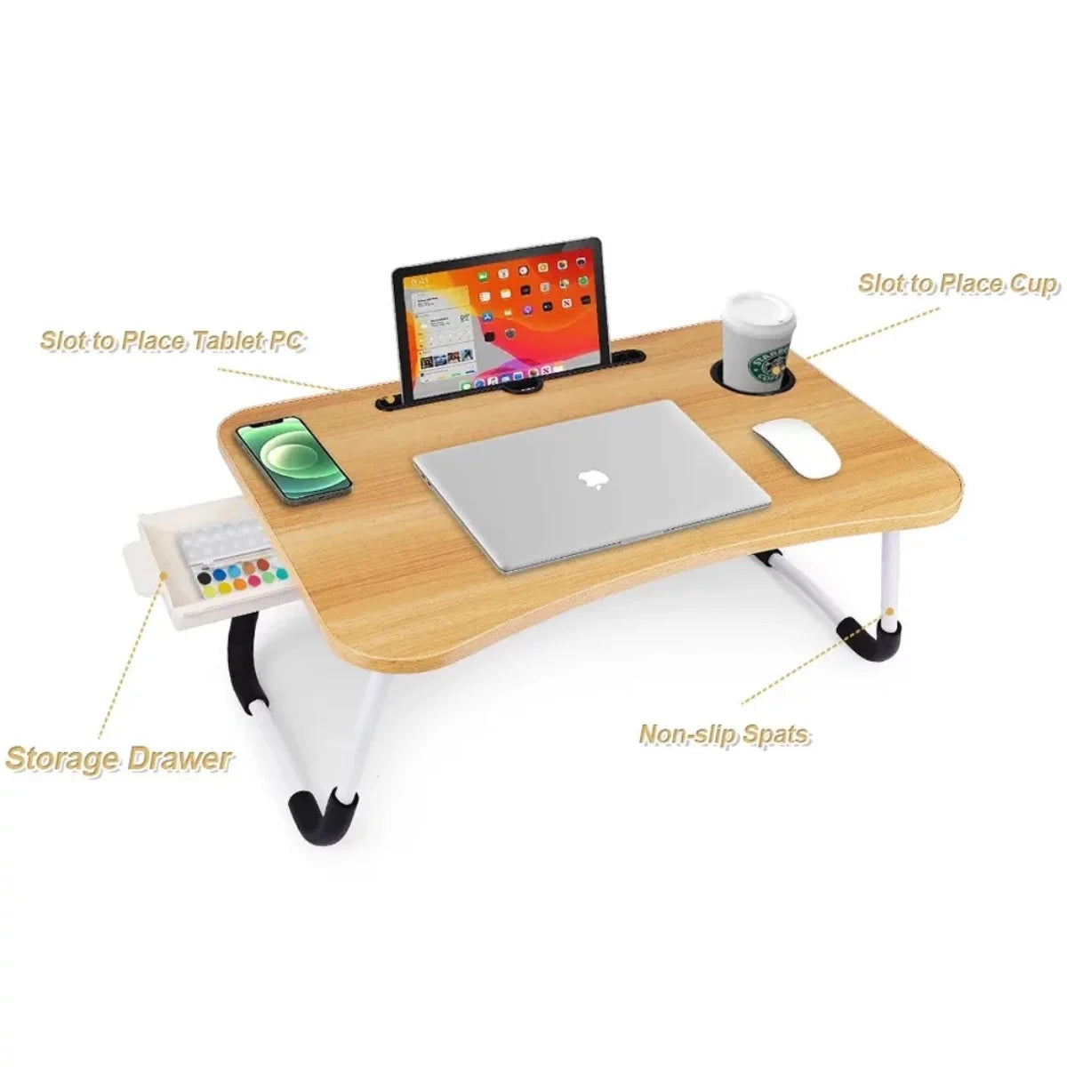 Foldable Lap Desk, 23.6 Inch Portable Wood Laptop Desk with iPad Slots, Cup Holder and Drawer A616759