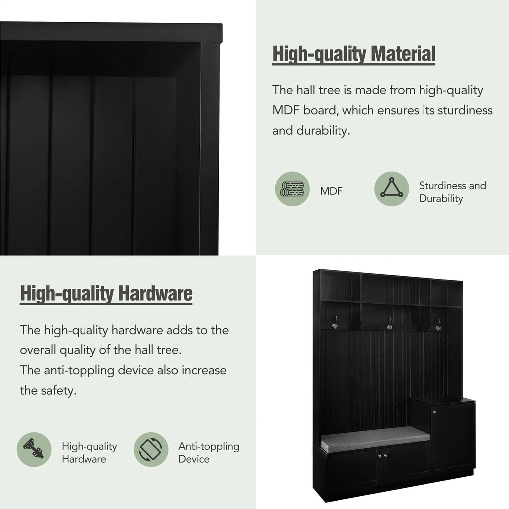 Hall Tree with Bench and Shoe Storage, Coat Rack with Cushion, Black P6332