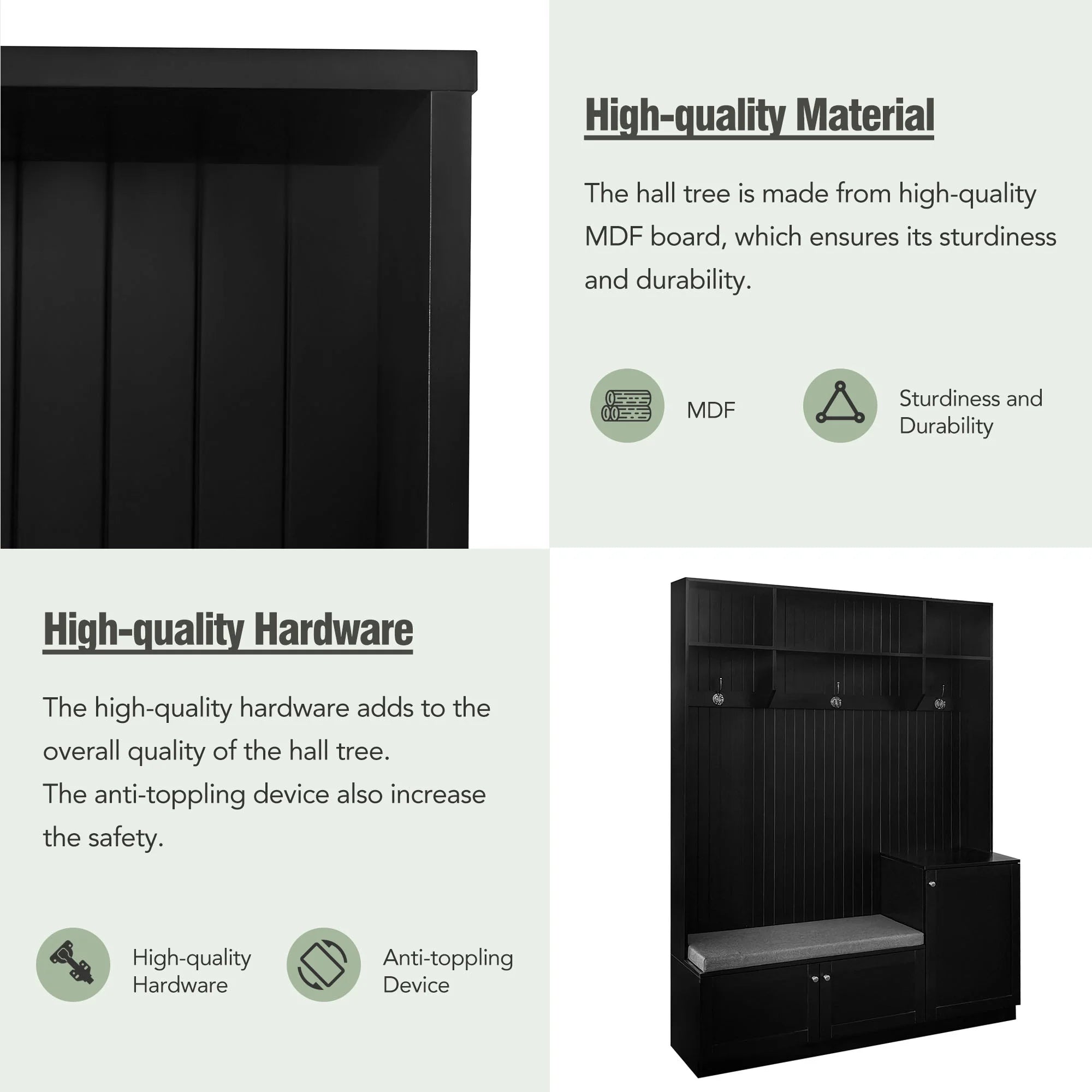 Hall Tree with Bench and Shoe Storage, Coat Rack with Cushion, Black P6332