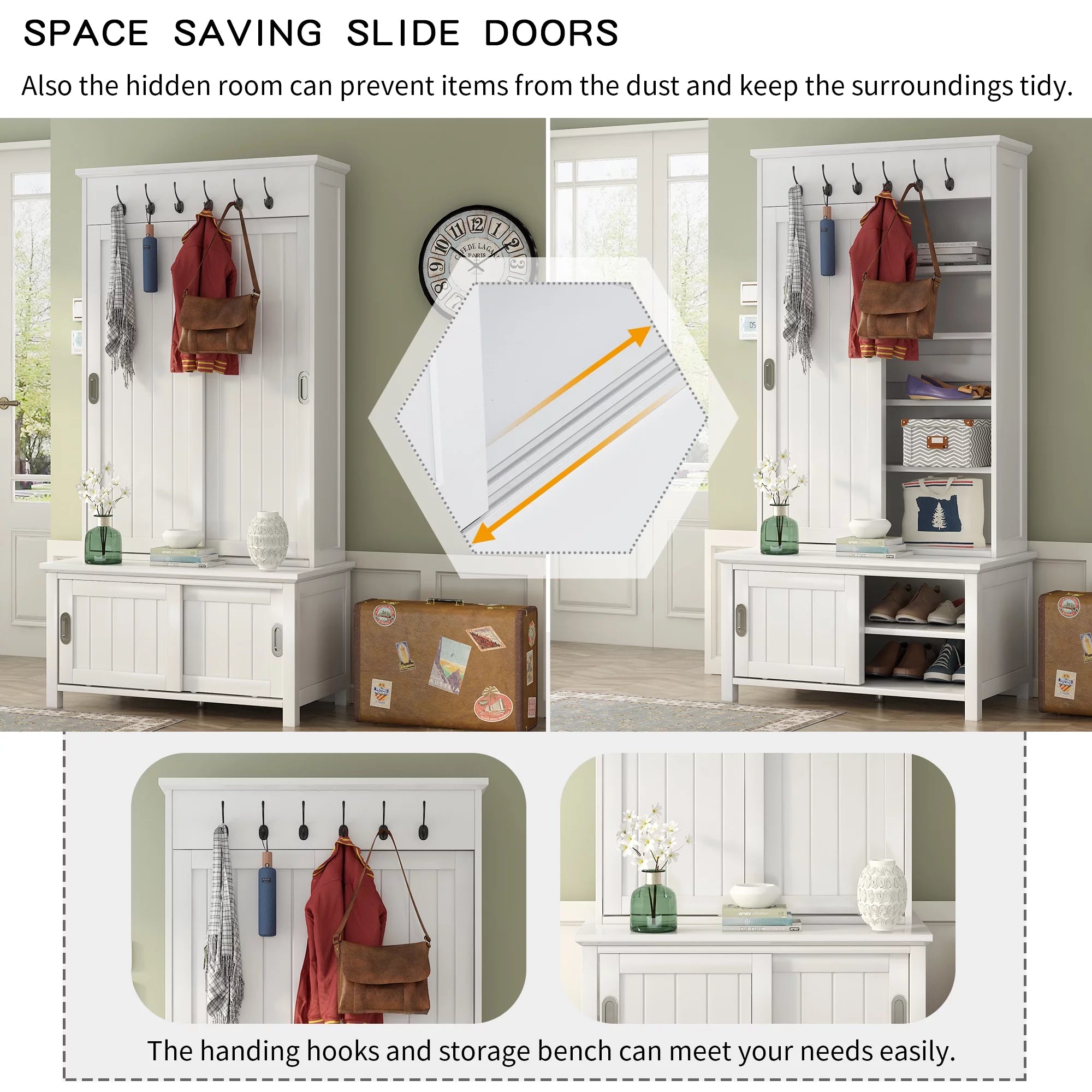 Hall Tree with Sliding Doors, Wooden Shoe Cabinet with Storage Bench and Shelves K116