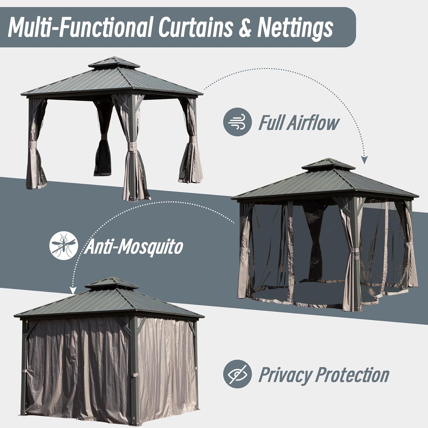 8x8FT Hardtop Gazebo with Galvanized Steel Double Roof, Curtain and Netting for Patio, Lawn, Garden N50114