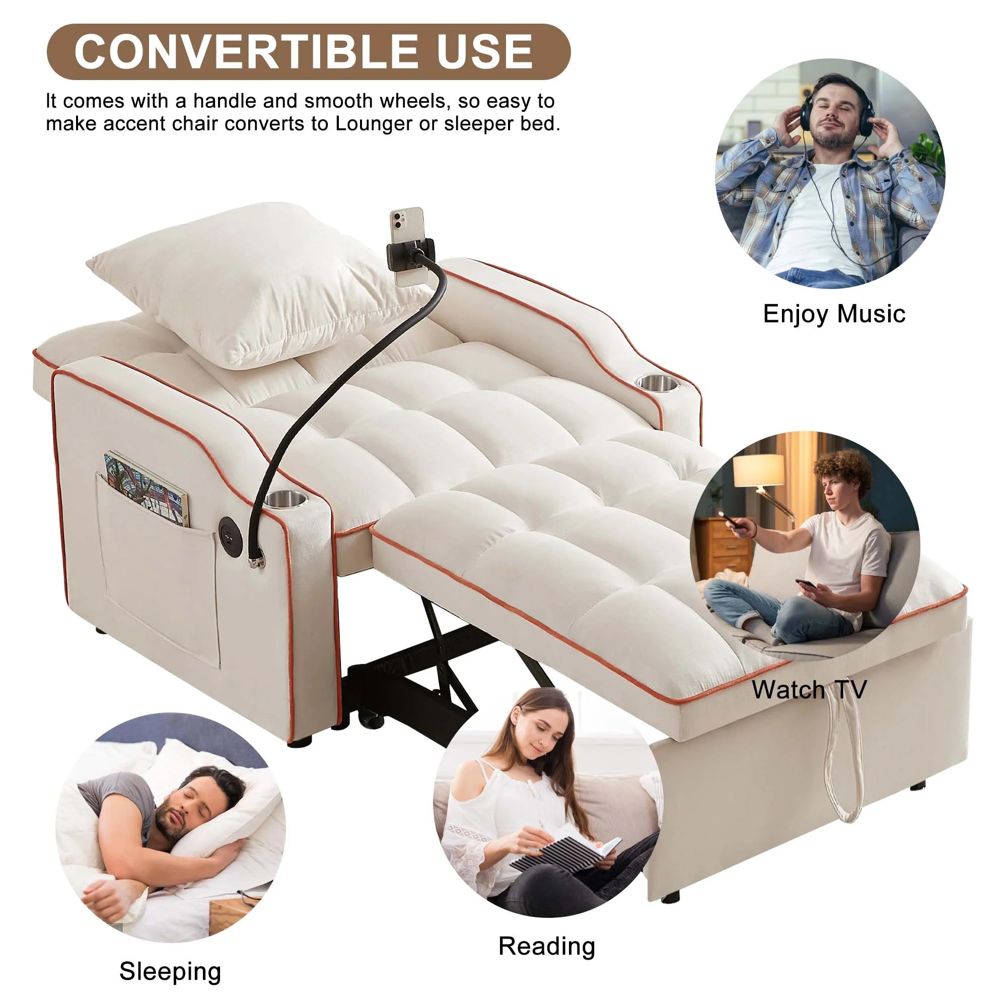 Sleeper Chair Bed, Convertible Pull Out Sofa Bed with USB Port and Cup Holders, Beige S570