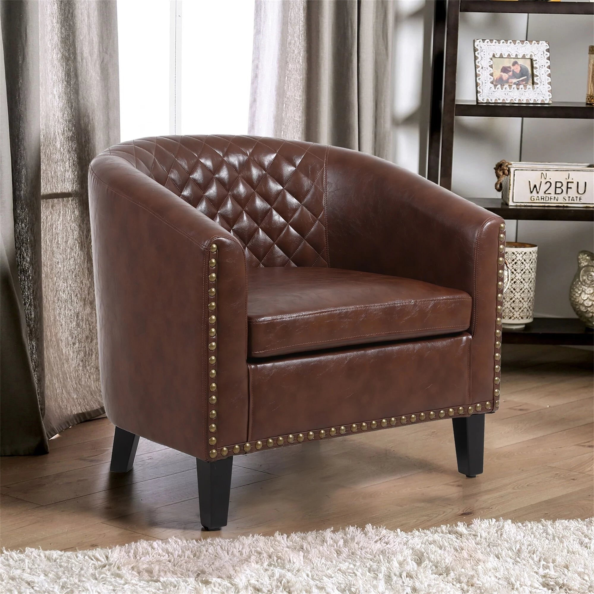 PU Leather Barrel Accent Chair with Nailheads Black V2667