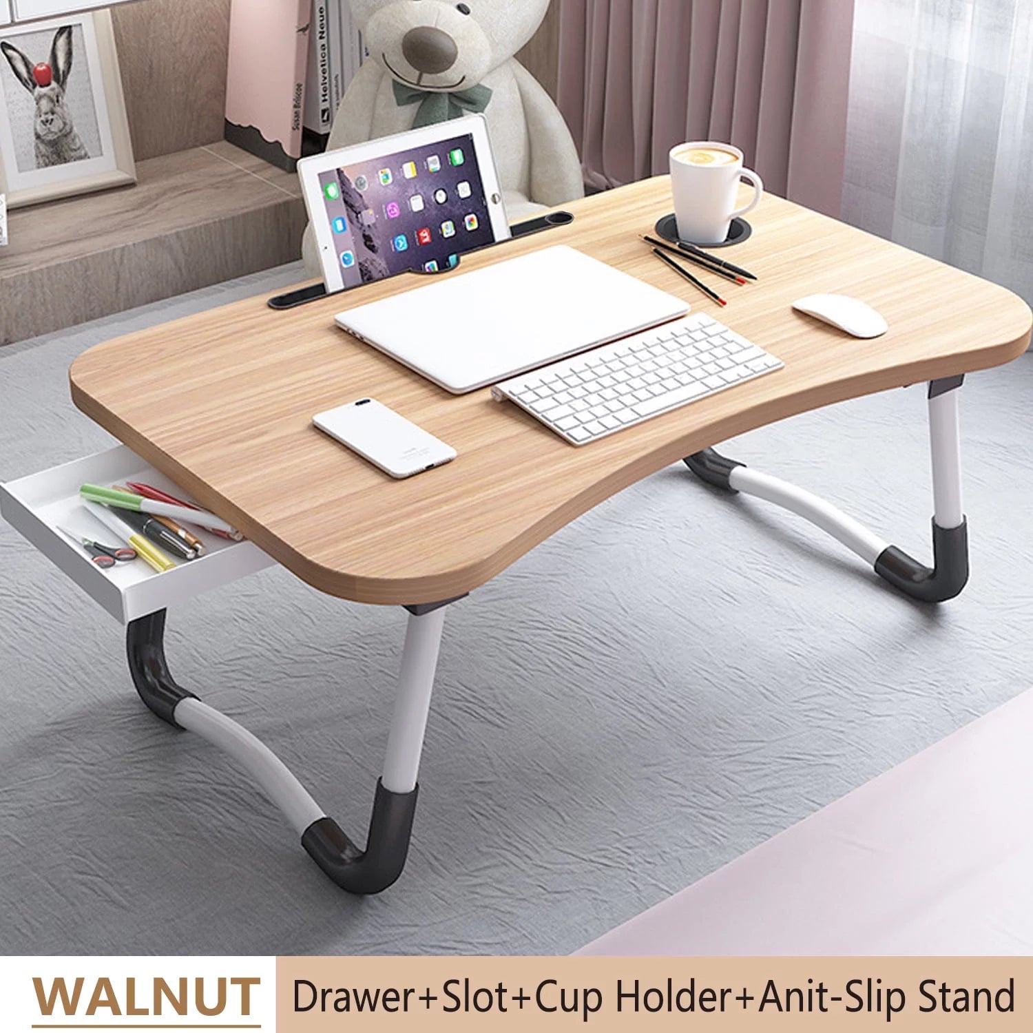 Foldable Lap Desk, 23.6 Inch Portable Wood Laptop Desk with iPad Slots, Cup Holder and Drawer A616759