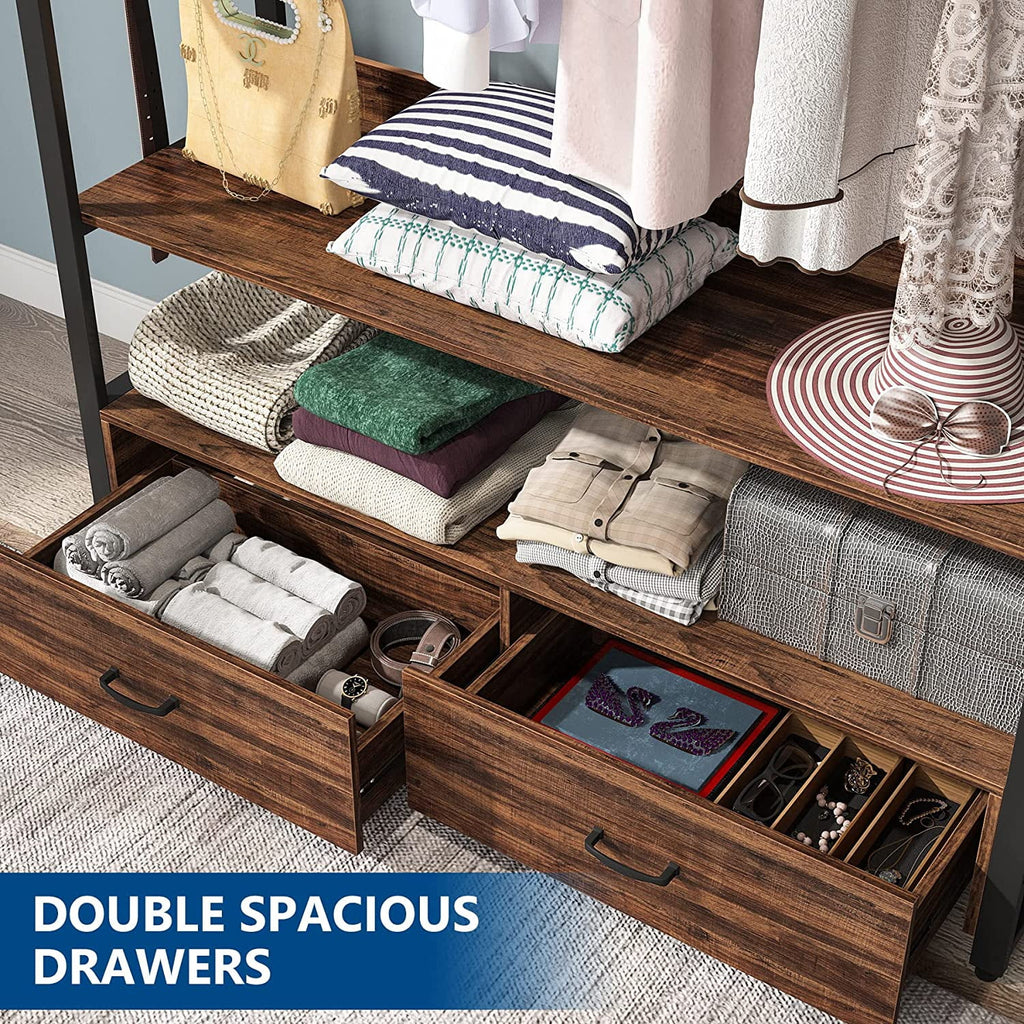 Heavy Duty Clothes Rack with Shelves, Hanging Rod and 2 Drawers, Rustic Brown P367