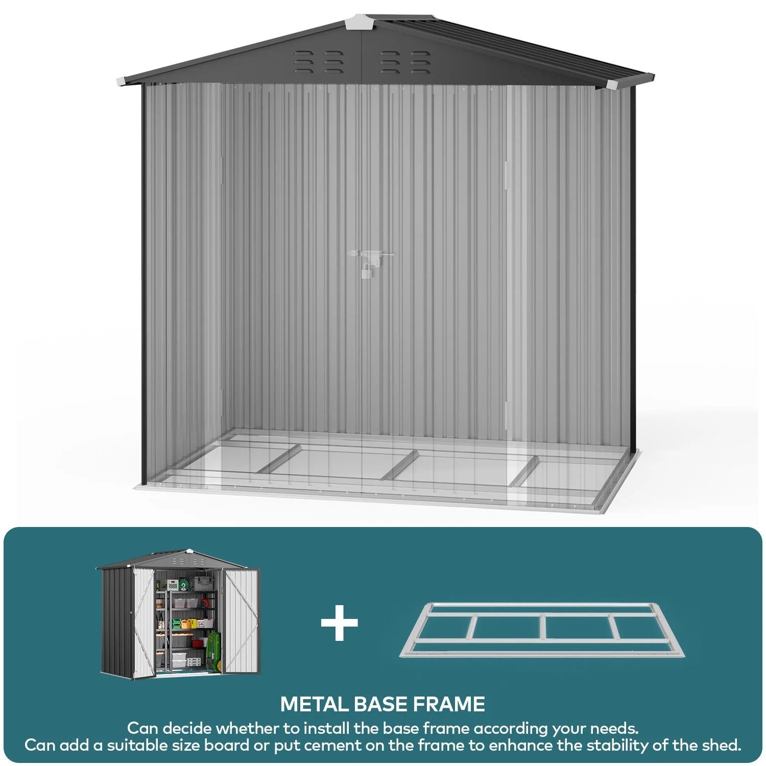 Outdoor Storage Shed with Base Frame, Metal Garden Shed, Dark Gray I45016