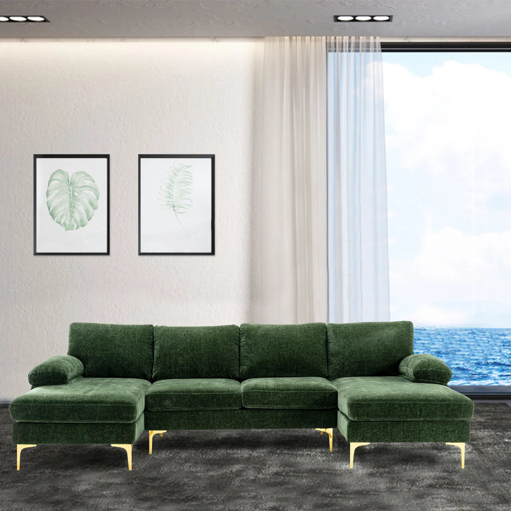 U-Shaped Sectional Sofa with Golden Metal Legs, Velvet Loveseat Chaise Lounge E893