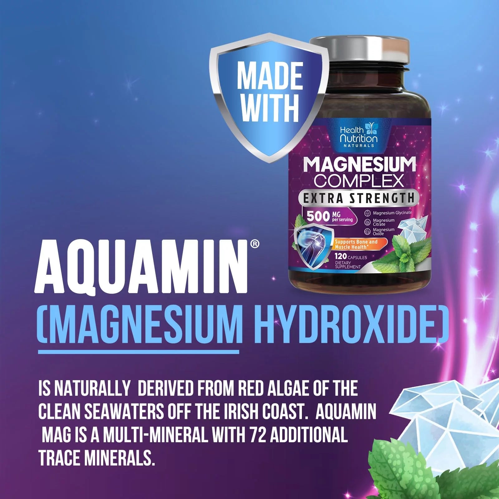 Magnesium Complex 500mg Supplement Capsules for Muscle, Heart, Bone, Nerve Support E184
