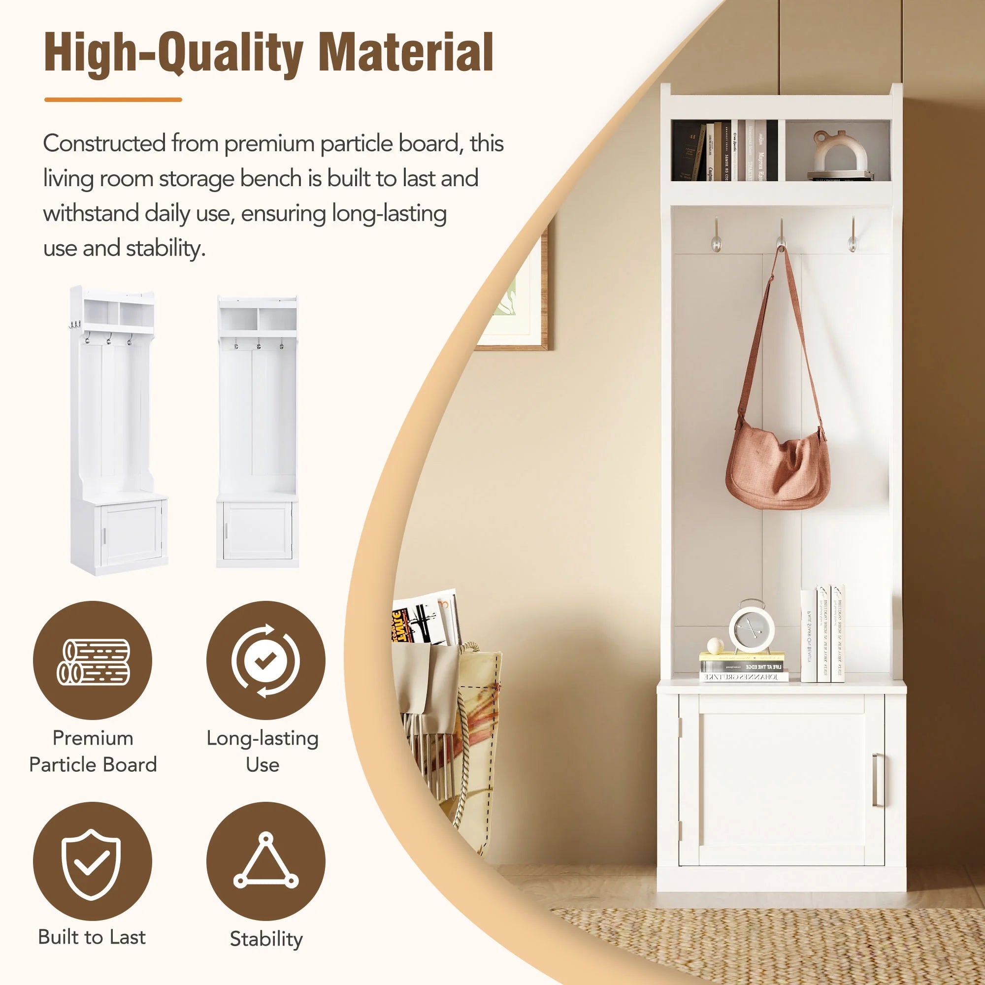 Minimalist Hall Tree with Cabinet & 6 Hanging Hooks, Storage Bench with Coat Rack, White F392546