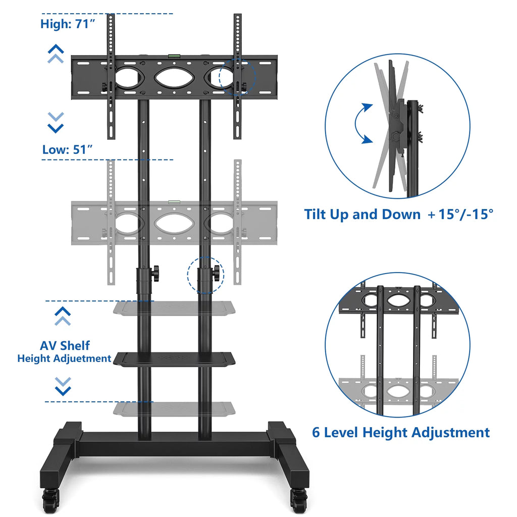 TV Cart for TVs up to 75 inch, Tilt Rolling Stand, Black N907719