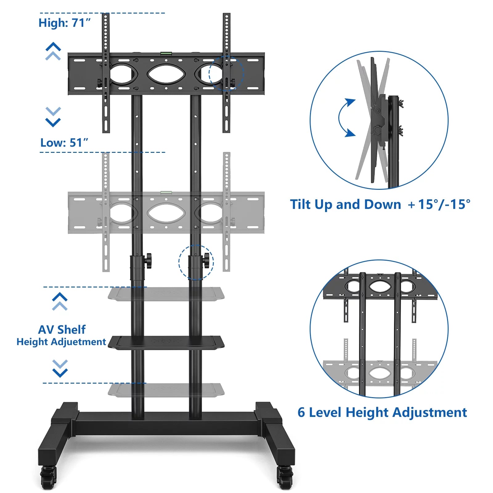 TV Cart for TVs up to 75 inch, Tilt Rolling Stand, Black N907719