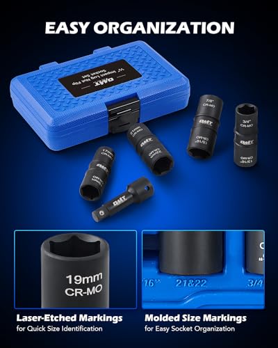 Lug Nut Socket Set, 5pc 1/2" Drive Impact Flip Socket Set, Metric & SAE, Double Ended Thin Wall with 3" Extension Bar J23651