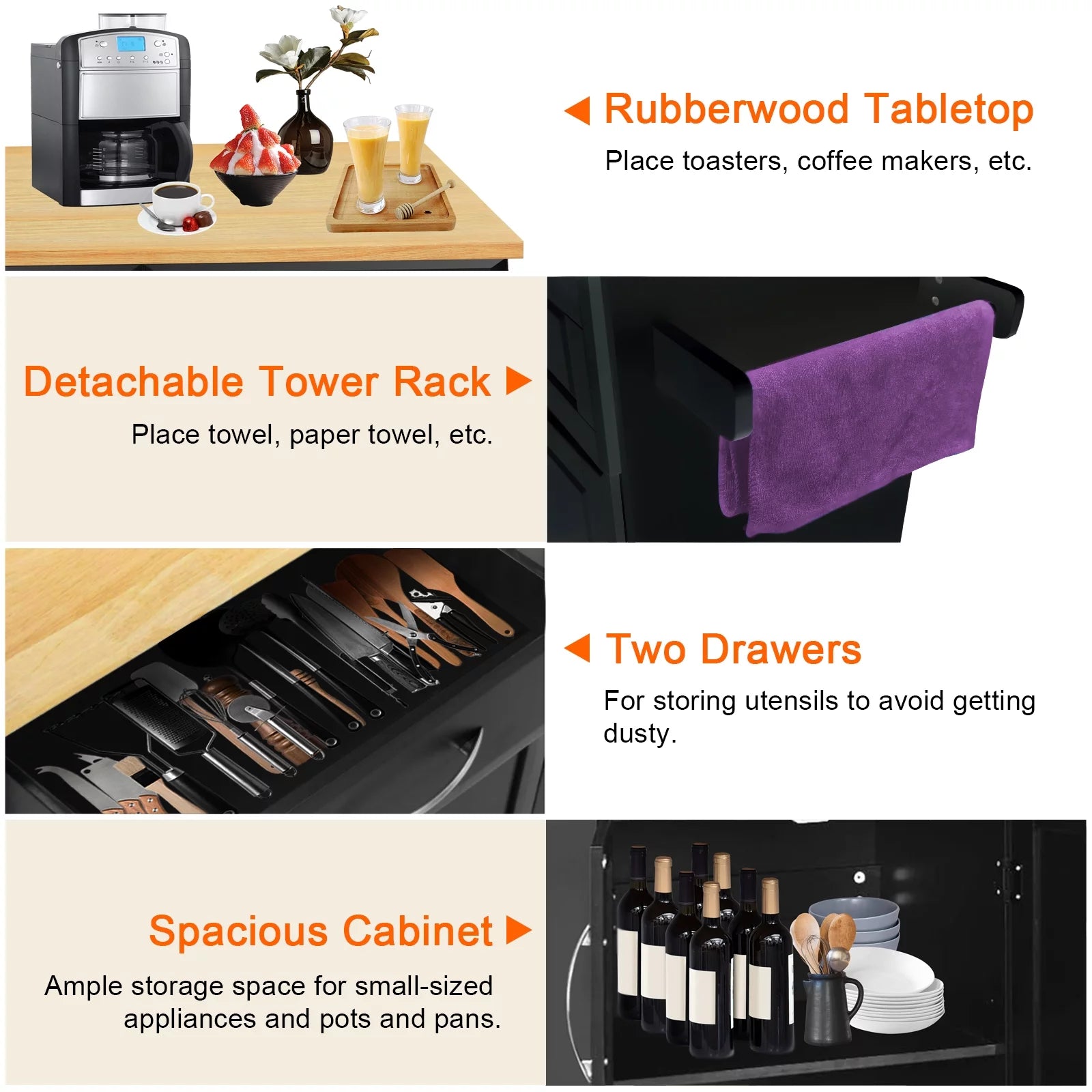 Kitchen Island with Drawers and Storage Cabinet, Rolling Serving Cart with Adjustable Shelves V48557