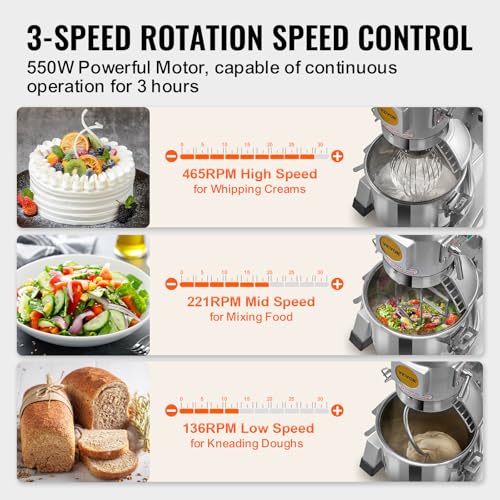 Commercial Food Mixer 10Qt Stainless Steel Bowl, 450W Stand Mixer with 3 Speeds U88115