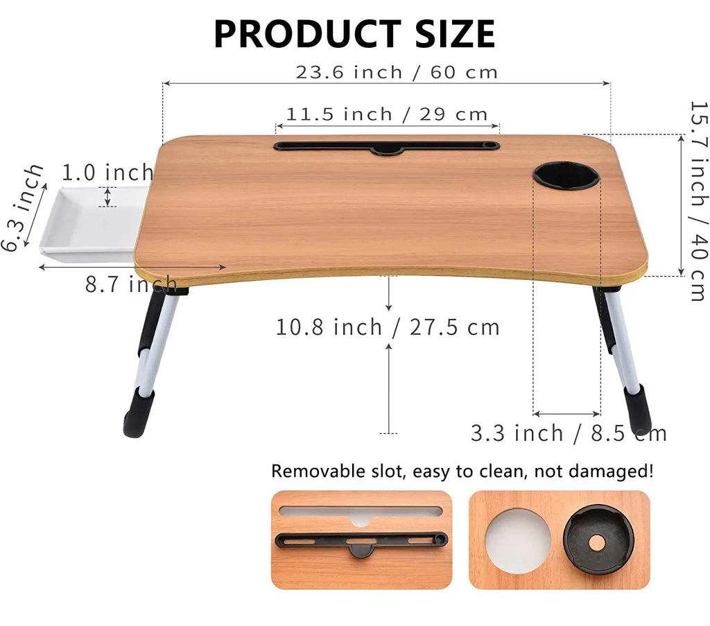 Foldable Lap Desk, 23.6 Inch Portable Wood Laptop Desk with iPad Slots, Cup Holder and Drawer A616759