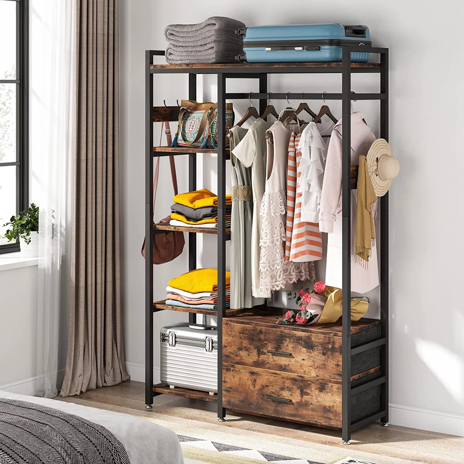Freestanding Closet Organizer with Drawers and Shelves, Heavy Duty Garment Rack for Bedroom, Rustic Brown D331286