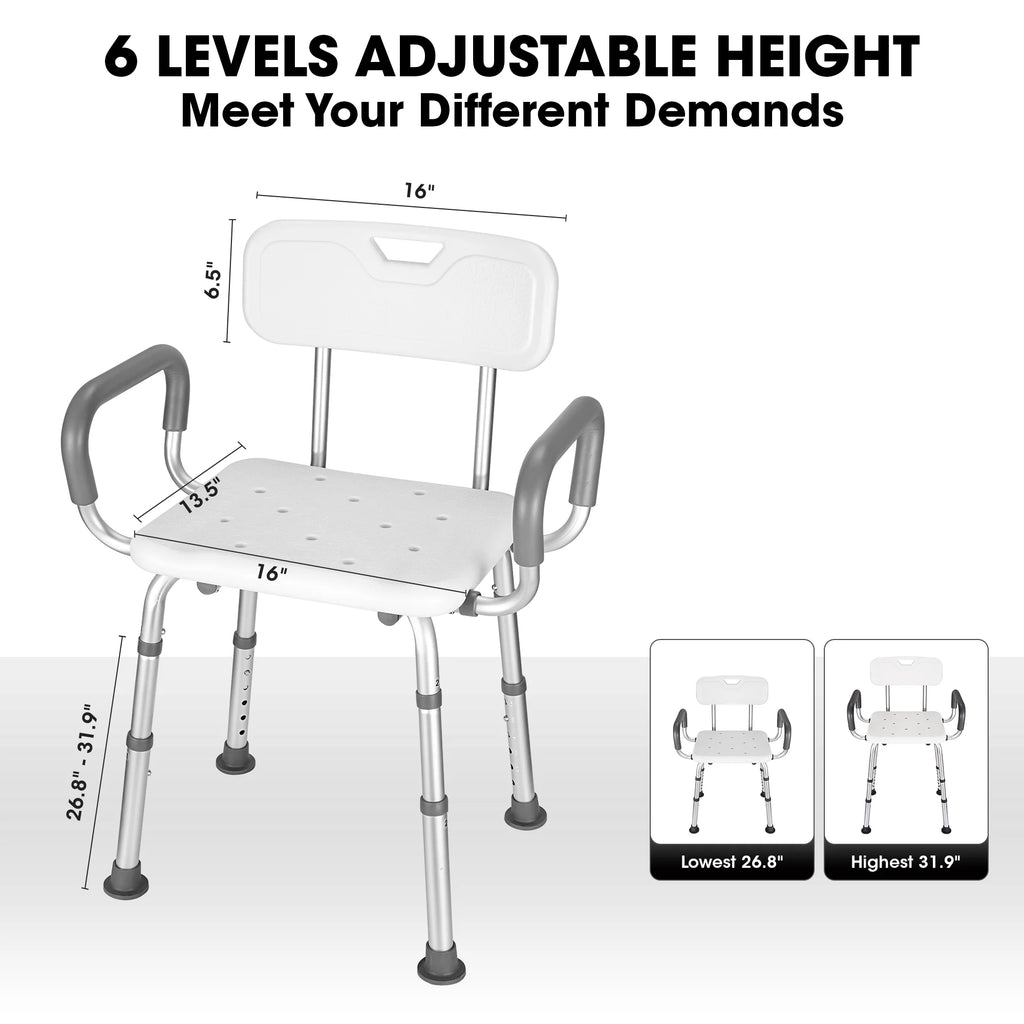 Shower Chair with Back and Padded Armrests, 6-Level Adjustable Height Q673