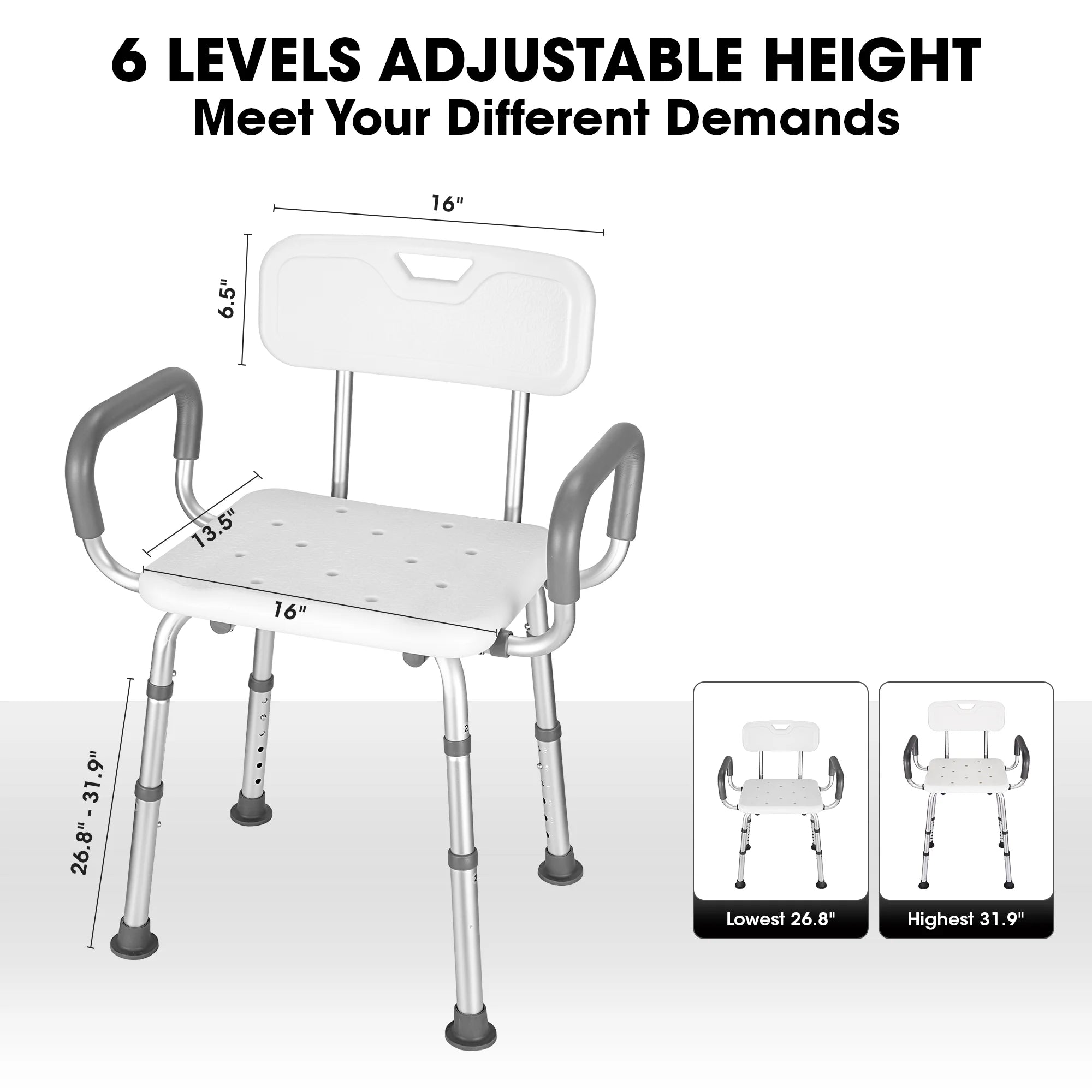 Shower Chair with Back and Padded Armrests, 6-Level Adjustable Height Q673