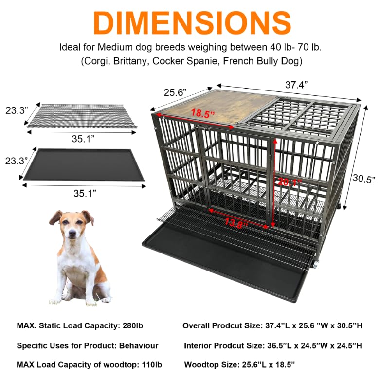Heavy Duty Dog Crate Cage with Woodtop, Double Door and Tray W548763
