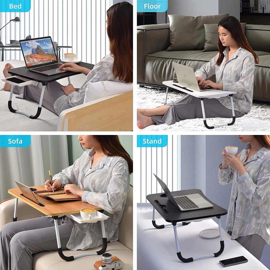 Foldable Lap Desk, 23.6 Inch Portable Wood Laptop Desk with iPad Slots, Cup Holder and Drawer A616759