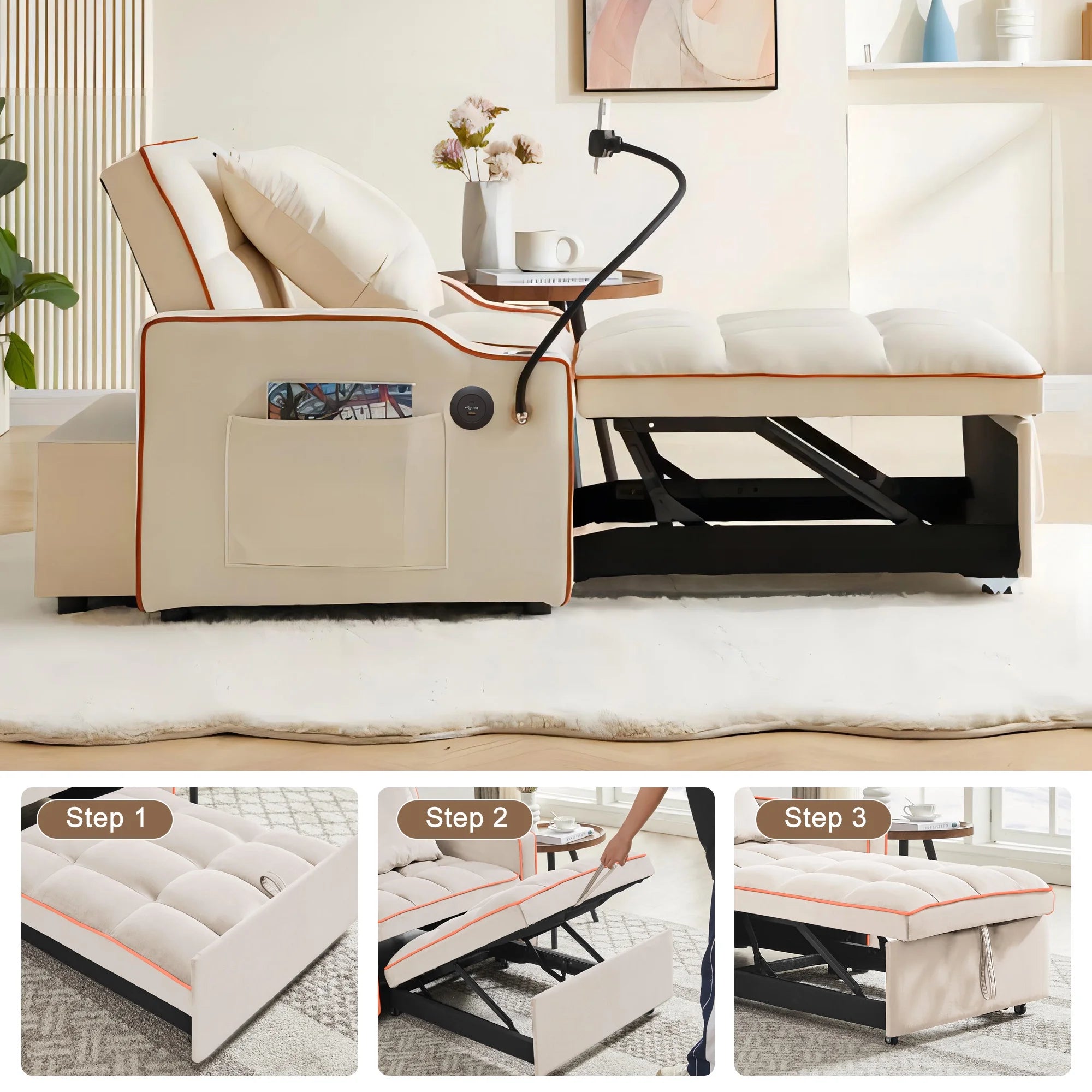 Sleeper Chair Bed, Convertible Pull Out Sofa Bed with USB Port and Cup Holders, Beige S570
