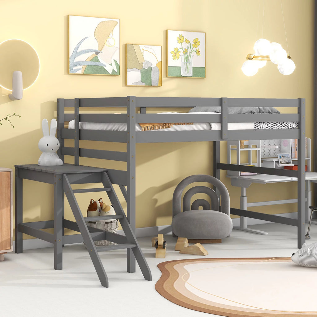 Full Wood Loft Bed with Safety Rail and Ladder for Kids, Gray S384254