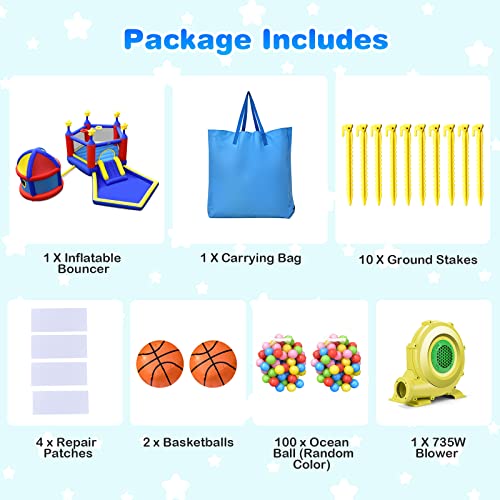 Inflatable Bounce House for Kids Indoor Outdoor with Basketball Hoops and Ball Pit U1574