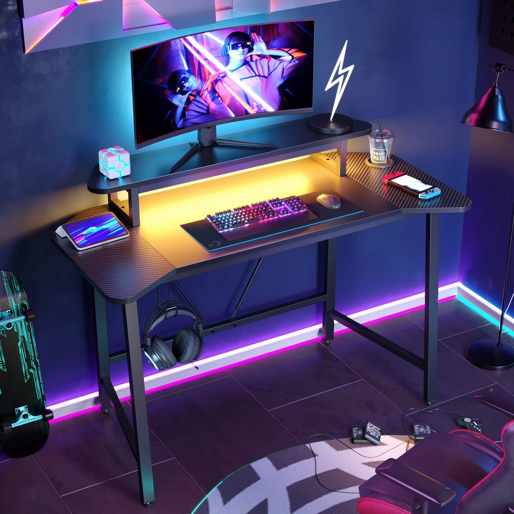 Gaming Desk 50 Inch with LED Lights and Monitor Stand C4904