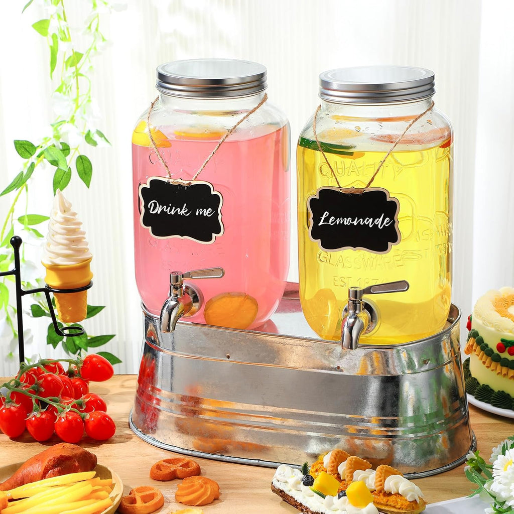 2 Pack 1 Gallon Glass Beverage Dispensers with Stand for Parties X367