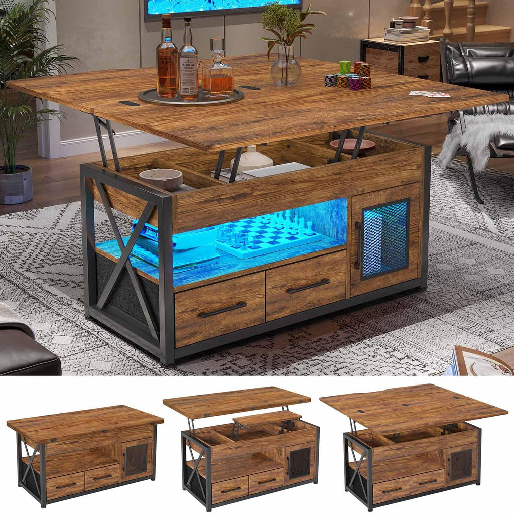 Afuhokles 40" Lift Top Coffee Table, 4 in 1 Coffee Tables with Storage Cabinet for Living Room, 2 Fabric Drawers and LED Light, Rustic Brown
