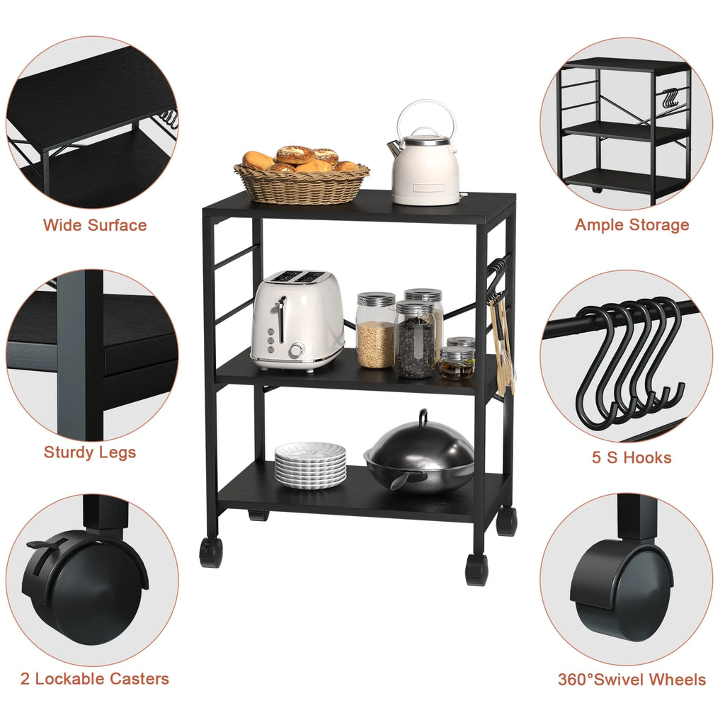 3-Tier Rolling Kitchen Utility Cart with 5 Hooks U621005