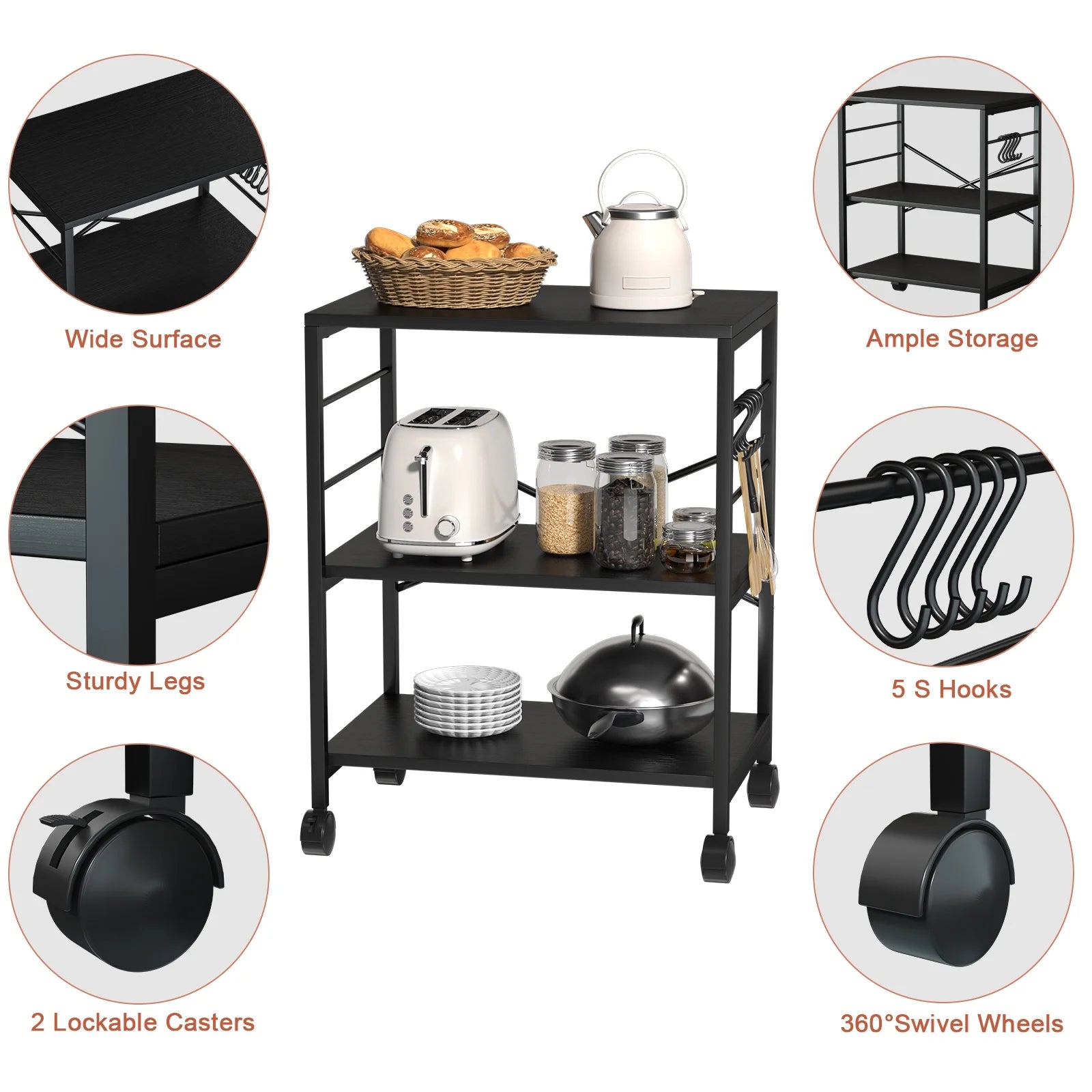 3-Tier Rolling Kitchen Utility Cart with 5 Hooks U621005