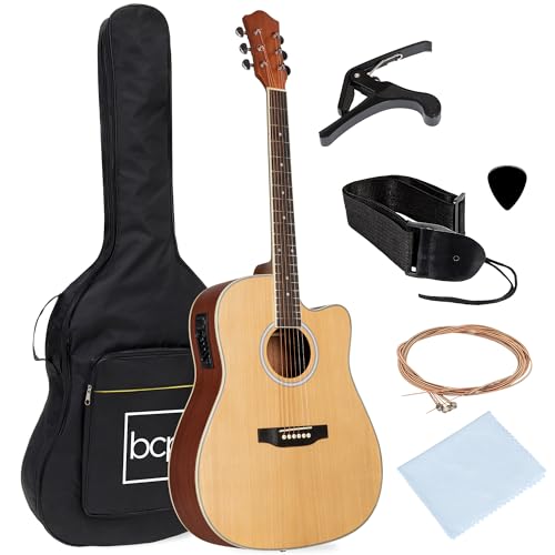 Best Choice Products Beginner Acoustic Electric Guitar Starter Set 41in w/All Wood Cutaway Design, Case, Strap, Picks - Sunburst