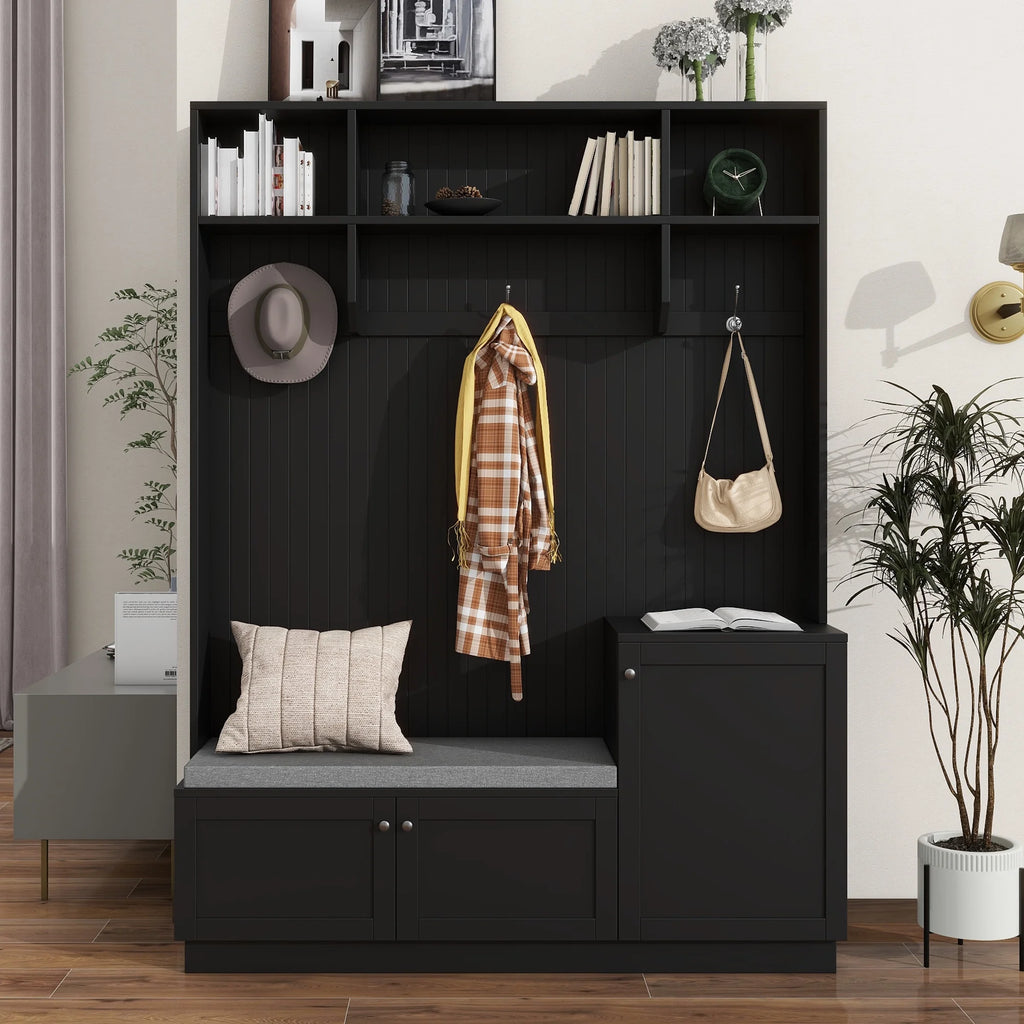 Hall Tree with Bench and Shoe Storage, Coat Rack with Cushion, Black P6332