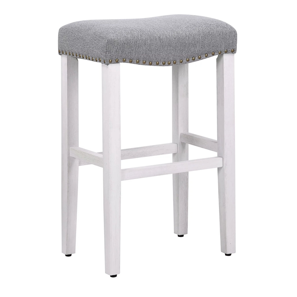 Bar Height Bar Stools Set of 2, Farmhouse Kitchen White Wooden Saddle Stool Chair with Linen Cushion X651