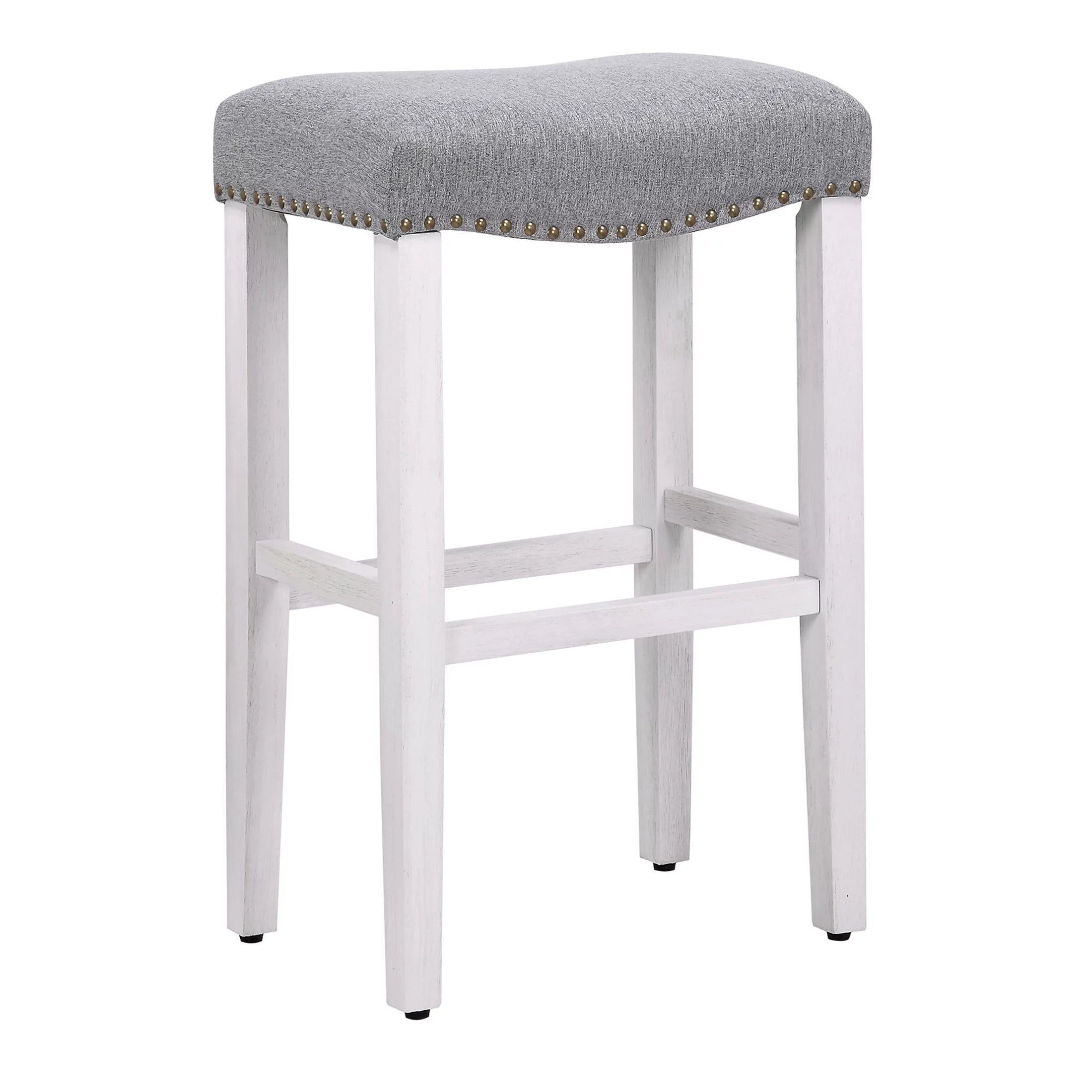 Bar Height Bar Stools Set of 2, Farmhouse Kitchen White Wooden Saddle Stool Chair with Linen Cushion X651