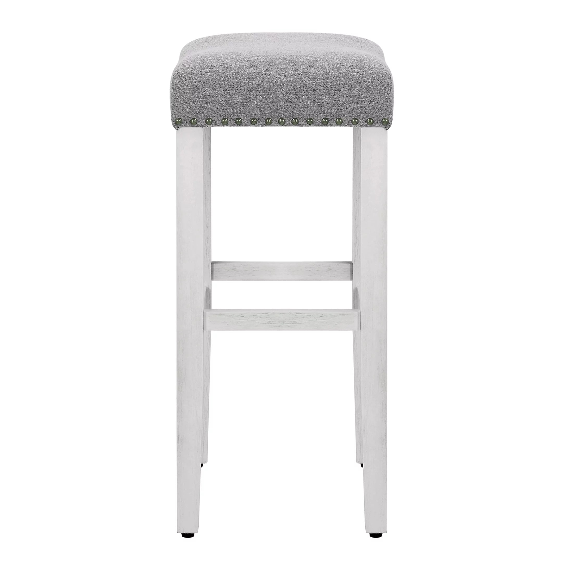 Bar Height Bar Stools Set of 2, Farmhouse Kitchen White Wooden Saddle Stool Chair with Linen Cushion X651
