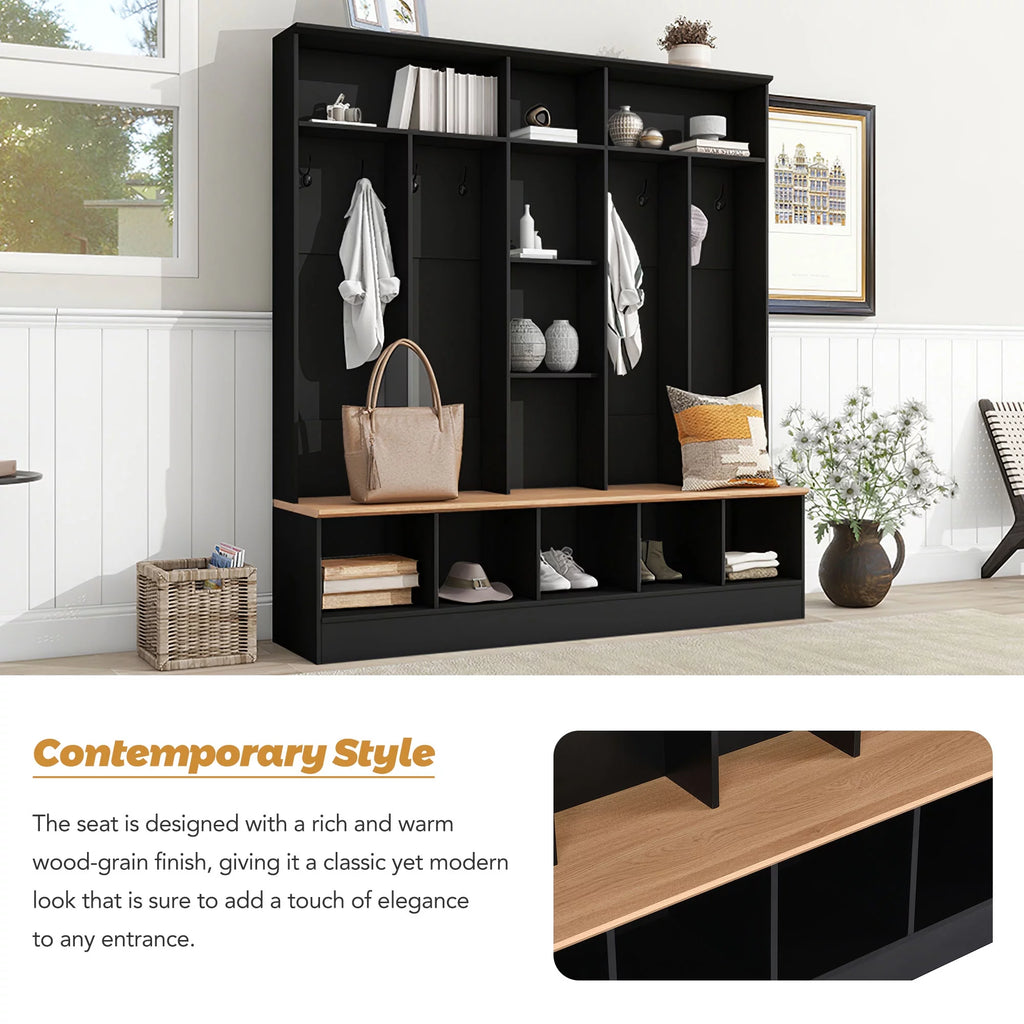 Wide Hall Tree with Storage Bench and 8 Hooks, Black B527