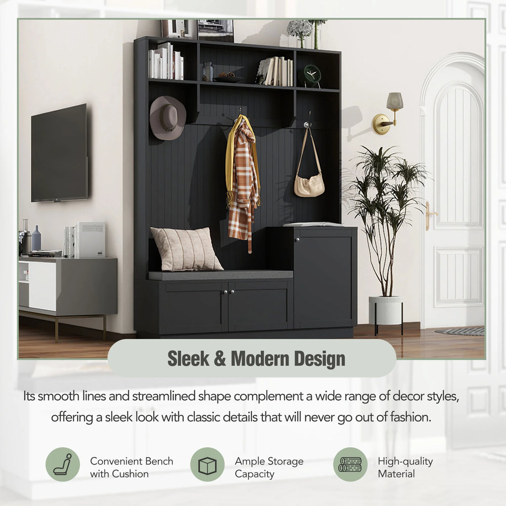 Hall Tree with Bench and Shoe Storage, Coat Rack with Cushion, Black P6332