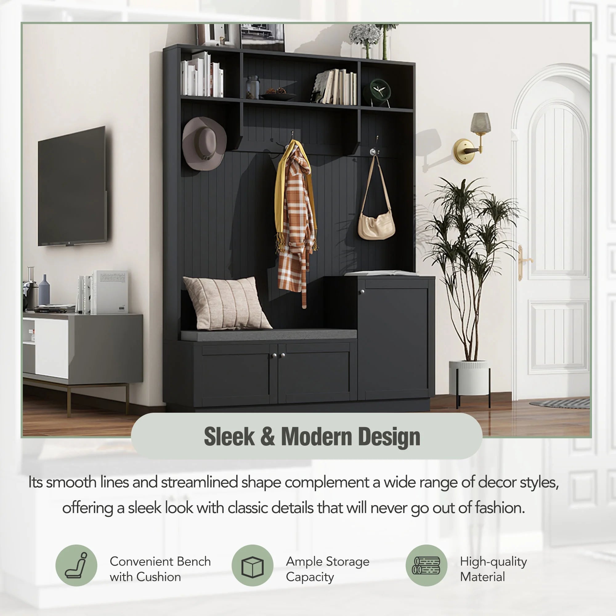 Hall Tree with Bench and Shoe Storage, Coat Rack with Cushion, Black P6332