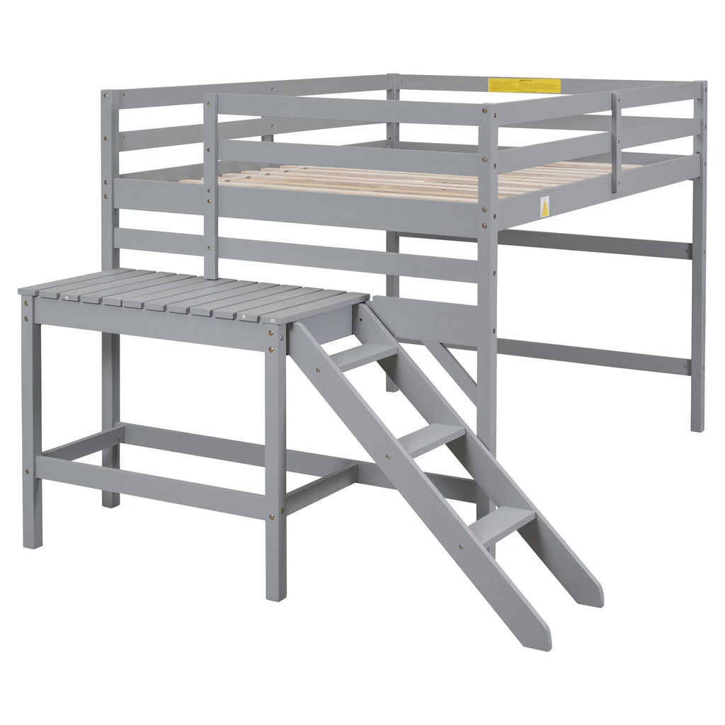 Full Wood Loft Bed with Safety Rail and Ladder for Kids, Gray S384254