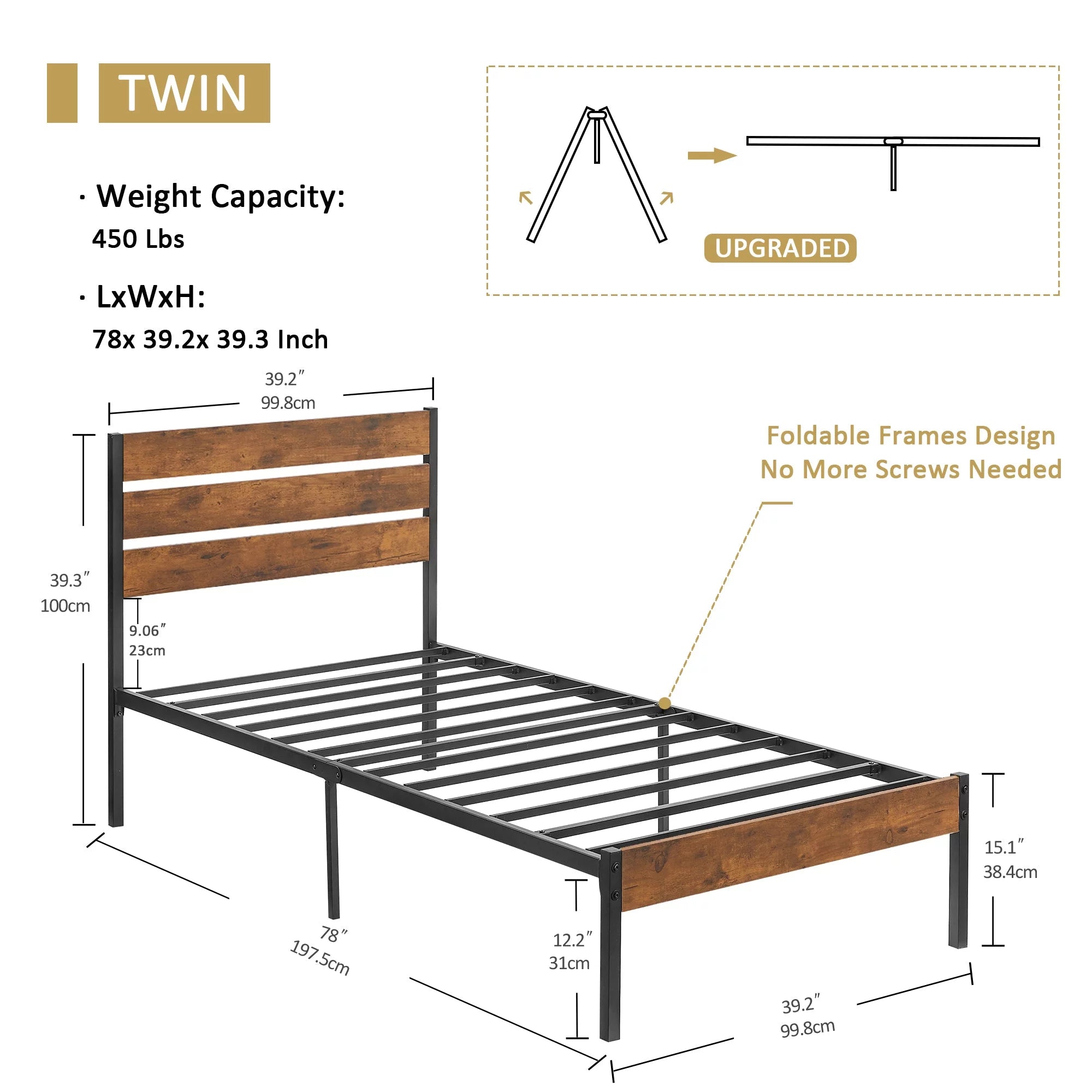 Twin Bed Frame with Wooden Headboard, Rustic Industrial Platform Bed D329