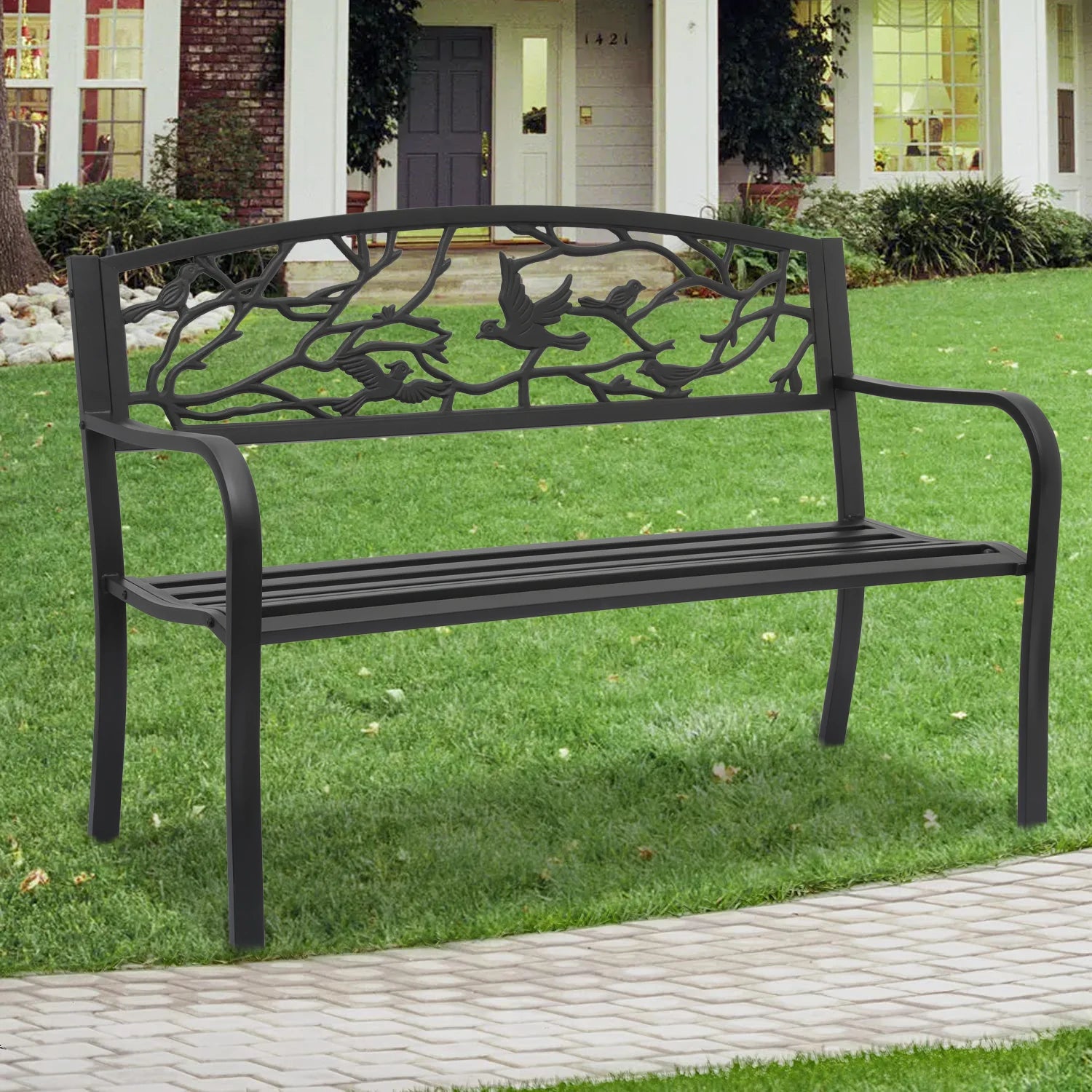 Outdoor Cast Iron Patio Bench with Bird Design Backrest Z971510
