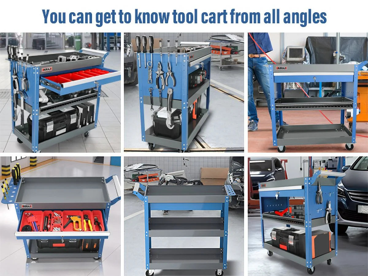 Tool Trolley with 3 Storage Levels, Hanging Hook, Ergonomic Handles, Rubber Brake Wheels V108223