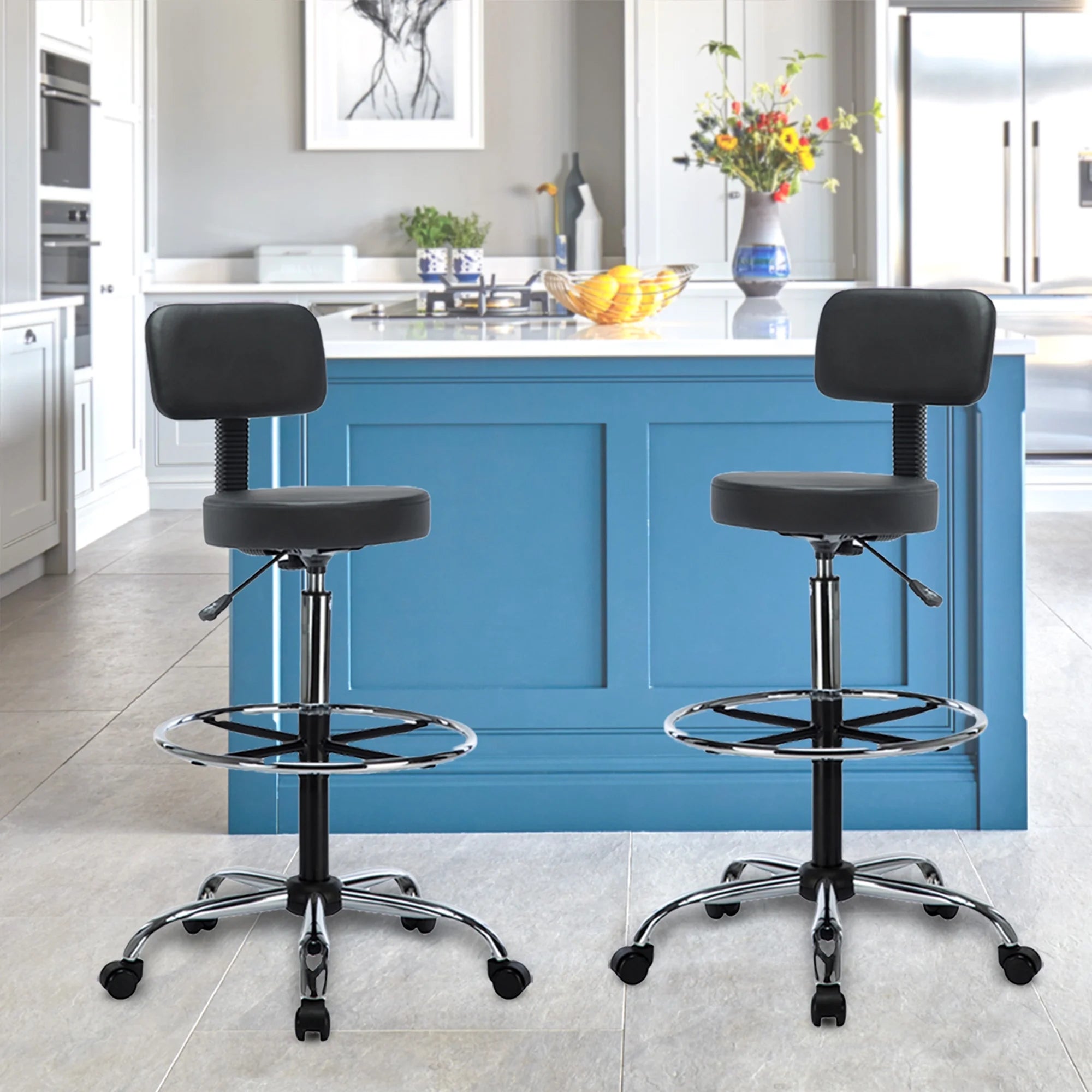 Height Adjustable Drafting Stool with Backrest, Faux Leather, Rolling Wheels D302274