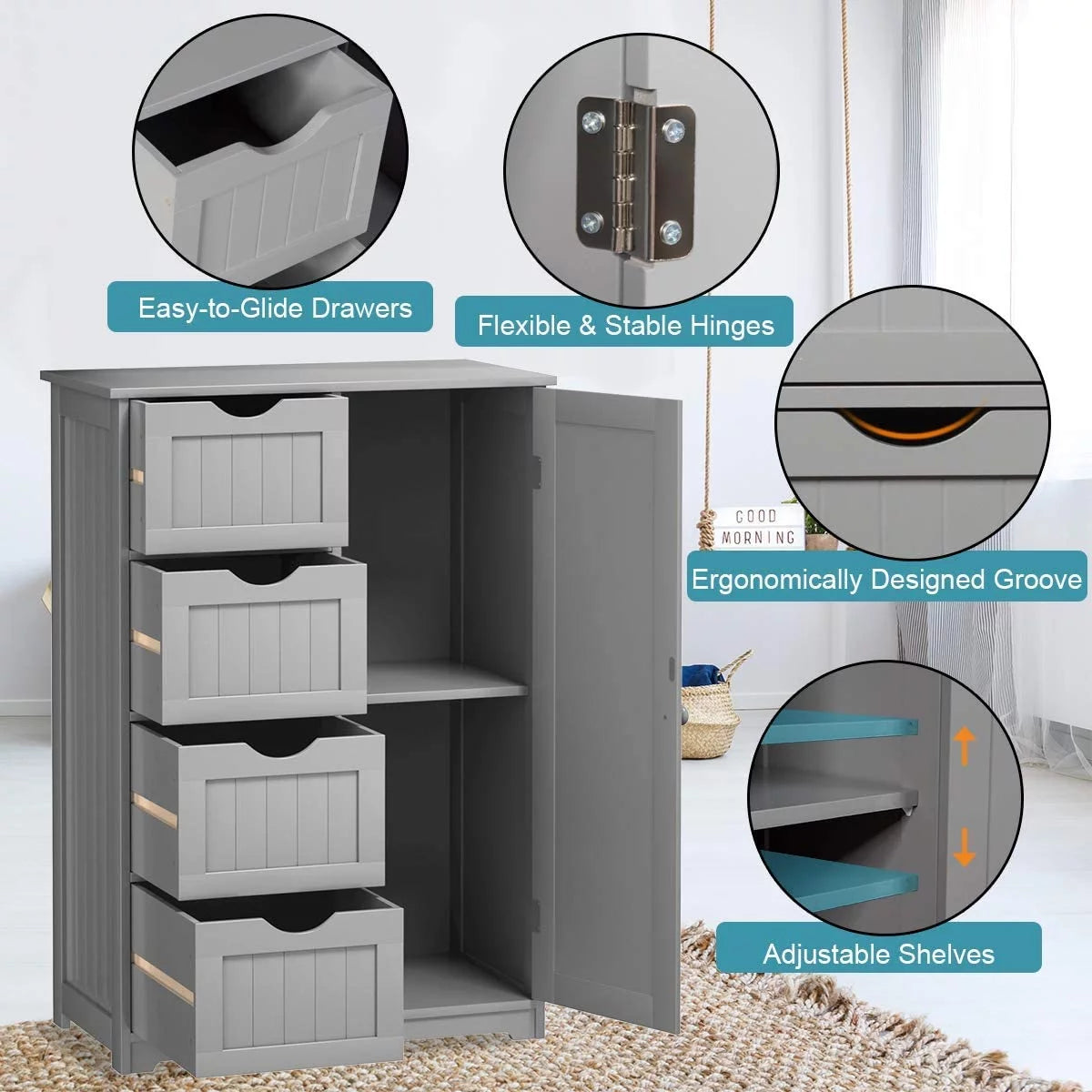 Freestanding Bathroom Floor Cabinet with 4 Drawers and Cupboard W732794